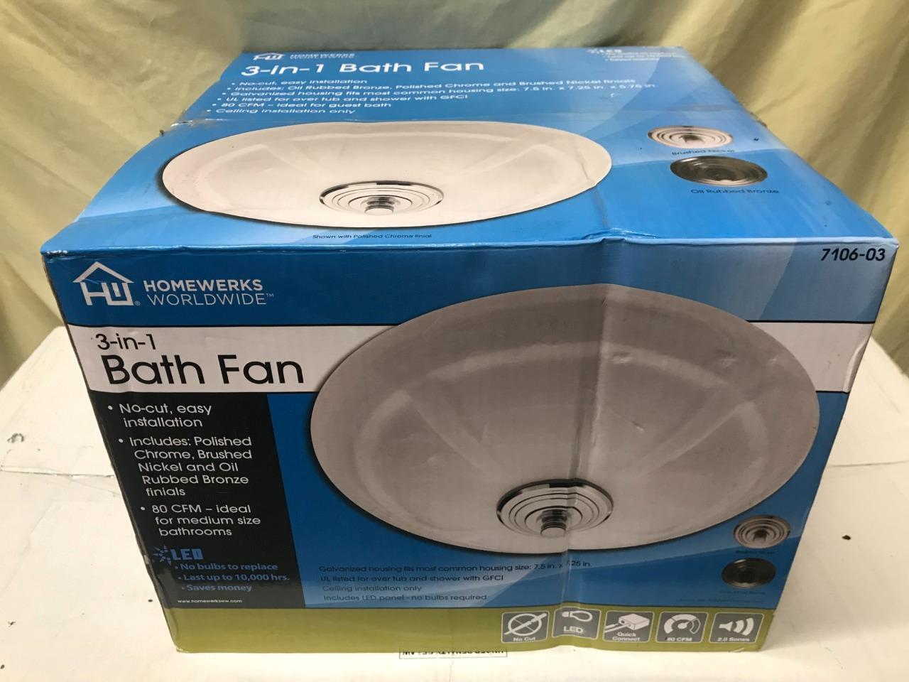 Homewerks Worldwide 3-in-1 Bath Exhaust Fan u0026amp; LED Light - 80 CFM  #7106-03 | eBay