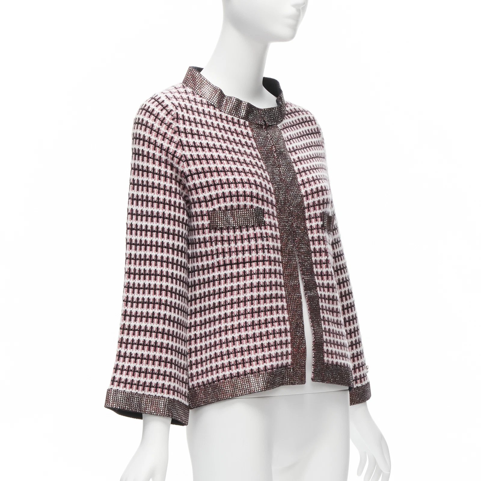 Giacca cardigan CHANEL rosa 100% cashmere tweed bordo cristallo swing FR34 XS