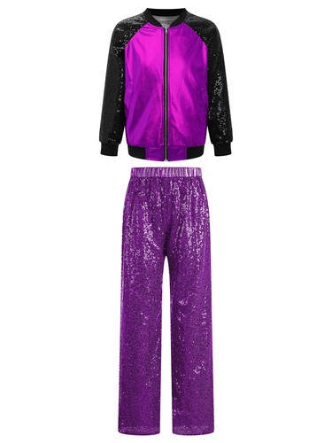 Kids Girls Dancewear Zipper Outfit Sequined Tracksuits Set Jacket Stand Collar - Picture 41 of 133