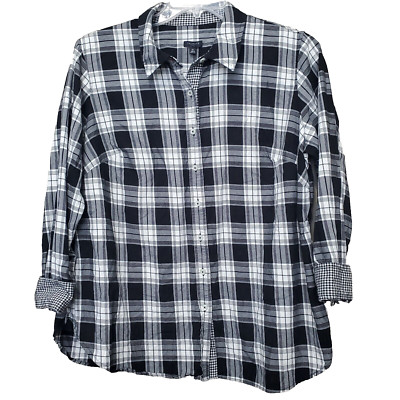 Talbots Plus 100% Cotton Black Plaid Contrast Cuff Button-Up Shirt Size 1X
