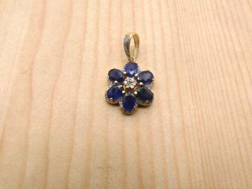 Natural Blue Sapphire & Diamond Pendant 925 Sterling Silver Flower Pendant - Picture 1 of 5