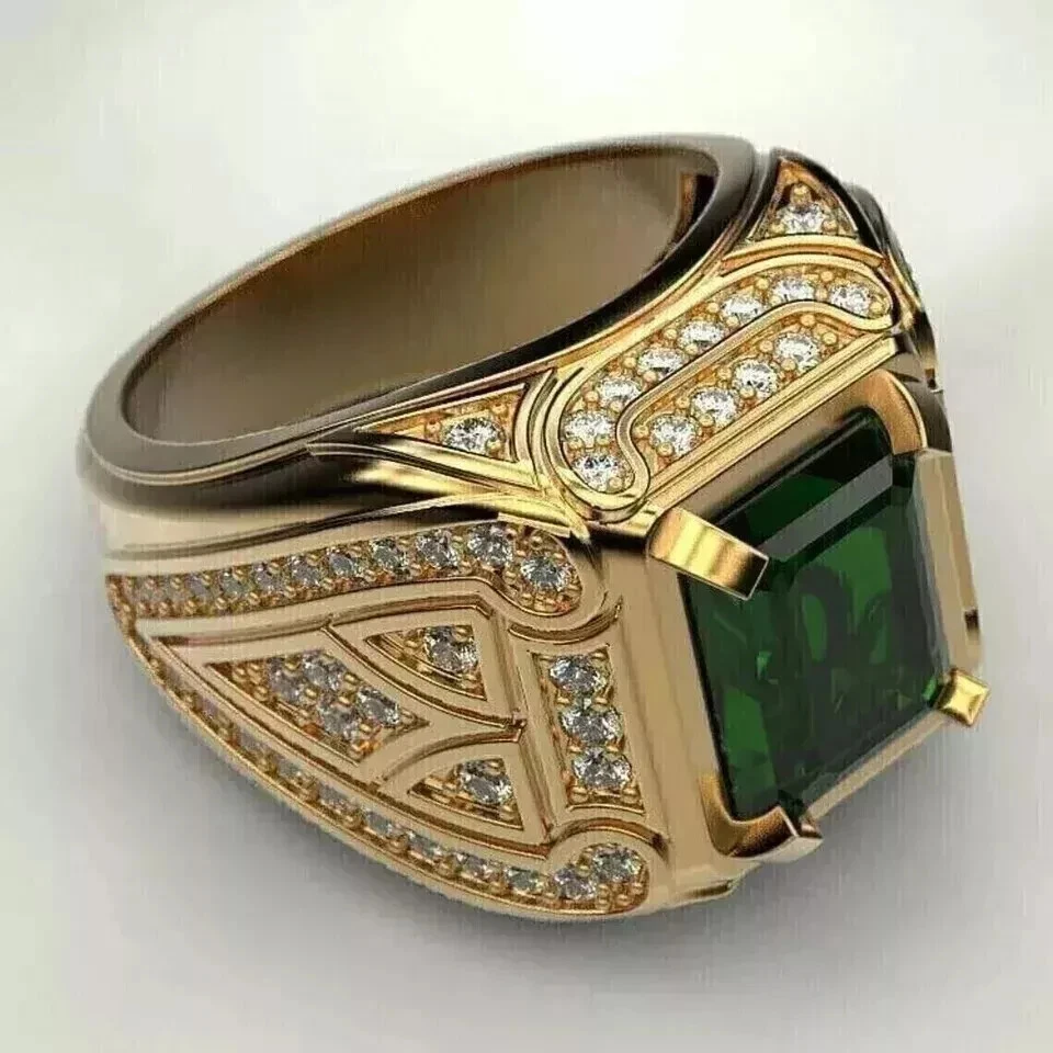 Anillo de boda solitario de diamantes y esmeraldas verdes de 5 quilates para hombre de oro amarillo de 14 quilates Foto 3 de 4