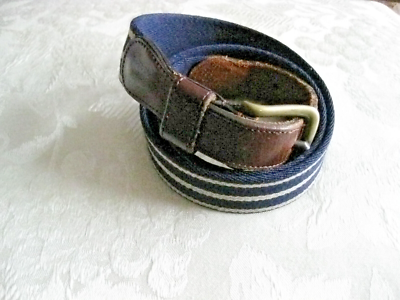 Coach Brown Leather Trim Navy and Cream Striped Belt Coach Wool & Leather Brown Navy Tan Nautical Striped Belt  main image 4