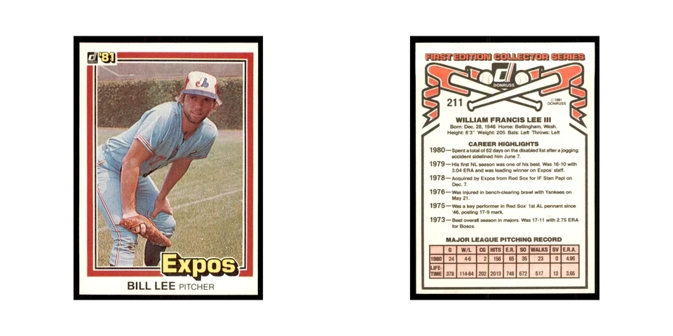 1981 Donruss Bill Lee Baseball Cards #211.0 - Image 3 of 3