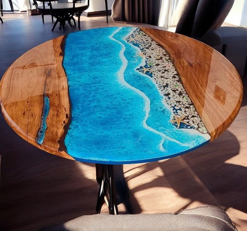 30" Custom Made Ocean Epoxy Resin Coffee Table Live Edge Wooden Cafeteria Decor - Picture 7 of 10