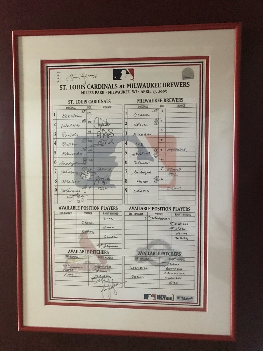 Official Game Used Cardinal Lineup Card Framed