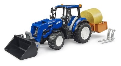 Bruder 09861 New Holland T5.120 w Front Loader, Load Box, Forks and Round Bale