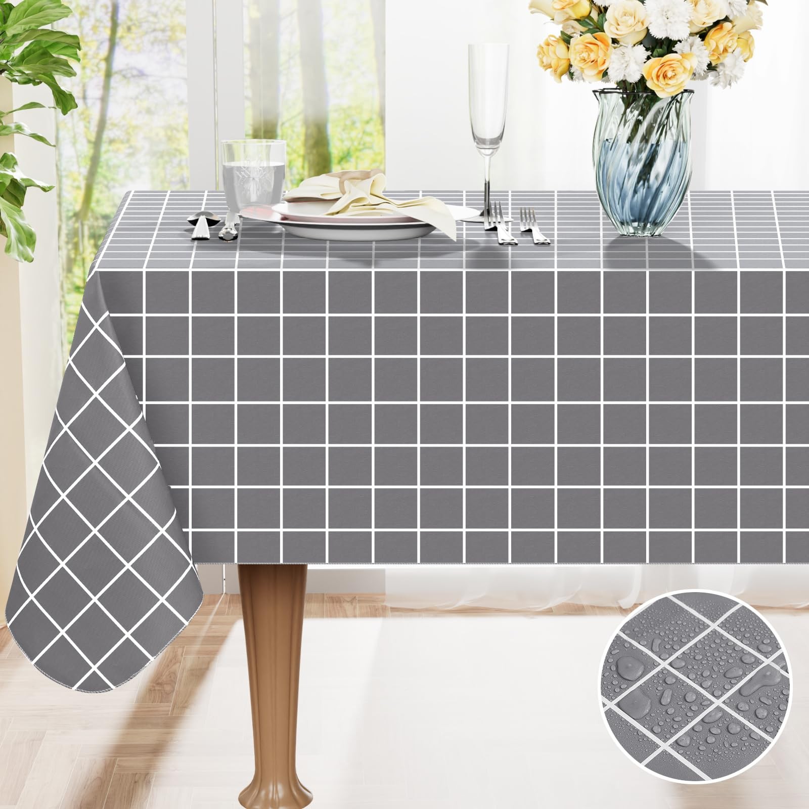 Plastic Table Cover, Wipeable Vinyl, Rectangle Dining Picnic, Grey