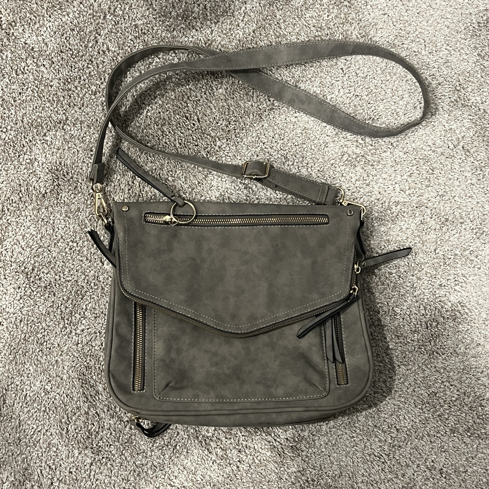 Gray Faux Leather Suede-Like Crossbody Bag Multi Pocket Expandable Indie Vibes