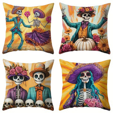 4 Lovely Mexican Style Dancing Skulls, Skeltons Cushion Covers.  18" x 18"