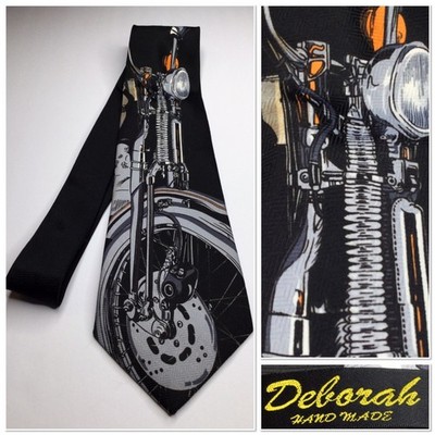 Vintage Motorcycle Graphic Necktie Deborah Handmade Black & Gray Made In Korea