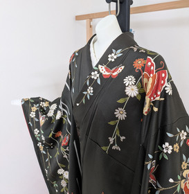 Japanese Kimono Silk Furisode Black Green Gold Detailed Colored Floral Butterfly