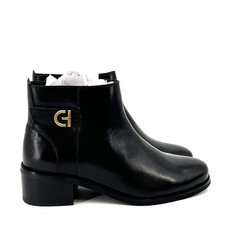 Cole Haan Holis Buckle Bootie Black Size 6B Leather Ankle Boots Gold Logo Zip