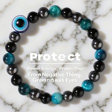 Protection Bracelet,Blue Tigers Eye Black Bile Obsidian Evil Eye Beaded Bracelet