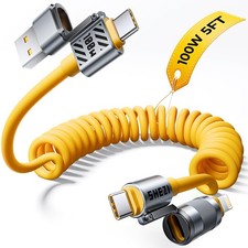 100W 4 in 1 Coiled USBC Cable, 5FT USB A to USB C Cable for Car