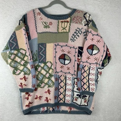 VTG 90s Crystal Kobe Women Sweater 3D Knit Multicolor Grandma Patchwork Size S