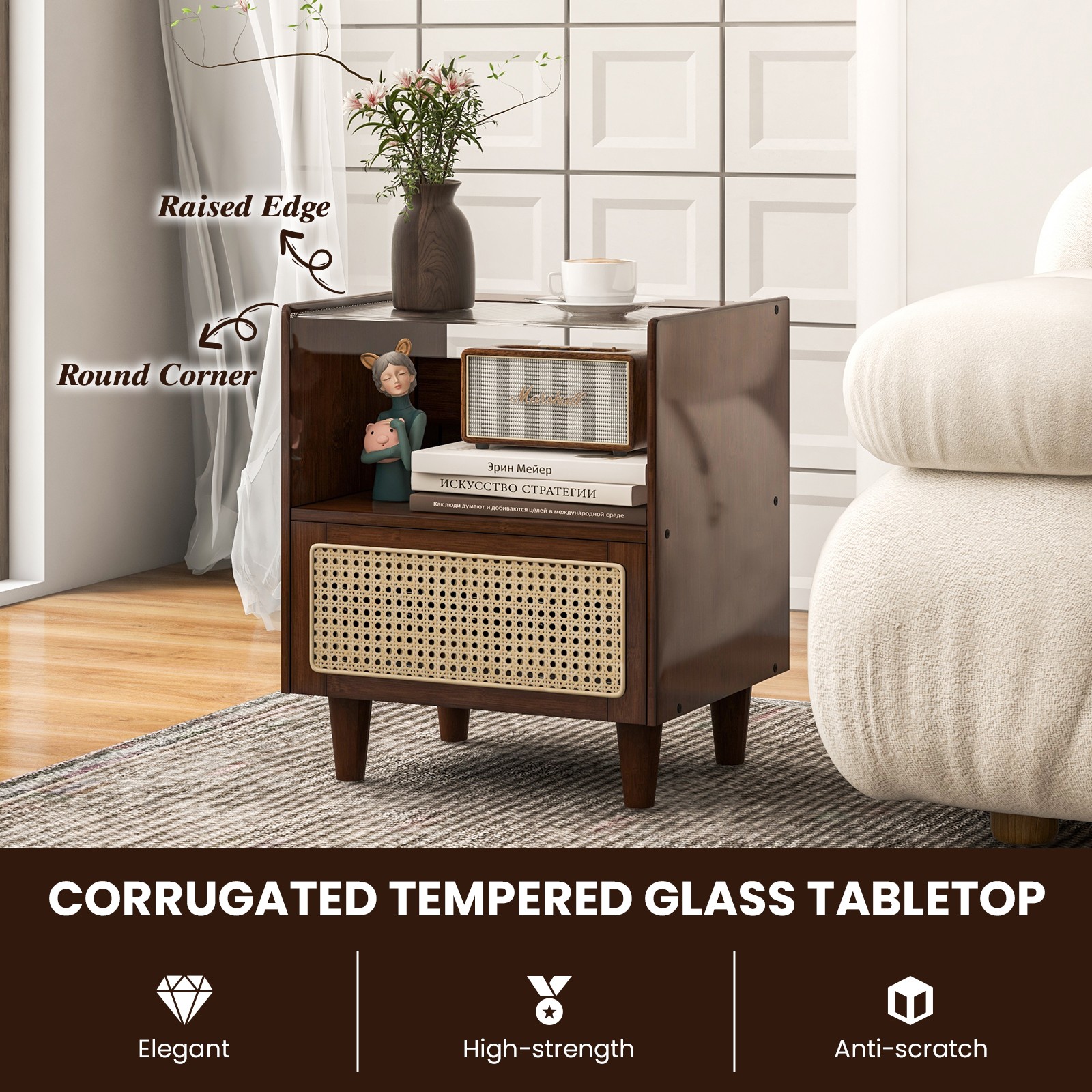 2 PCS Bamboo Rattan Nightstand Boho Bedside End Table w/ Drawer Wood Legs Brown