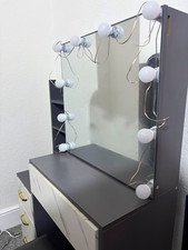 Grey/White Marble Dressing Table Vanity Set w/ Lighted Mirror, 4 Drawers