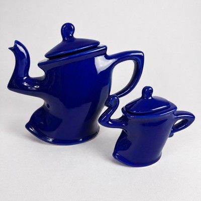 Michael Lambert vintage studio pottery Dancing Tea Pot & Sugar Bowl Cobalt 