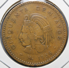 1956 Mexico Mexican 50 Centavos Cuauhtémoc Eagle Snake Coin