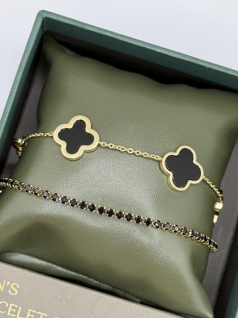 Kitsune Men Clover Black Stone + black tennis bracelet set Gold