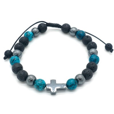 Mens Adjustable Jasper Lava Rock Hematite Gemstone Cross Bracelet   Healing