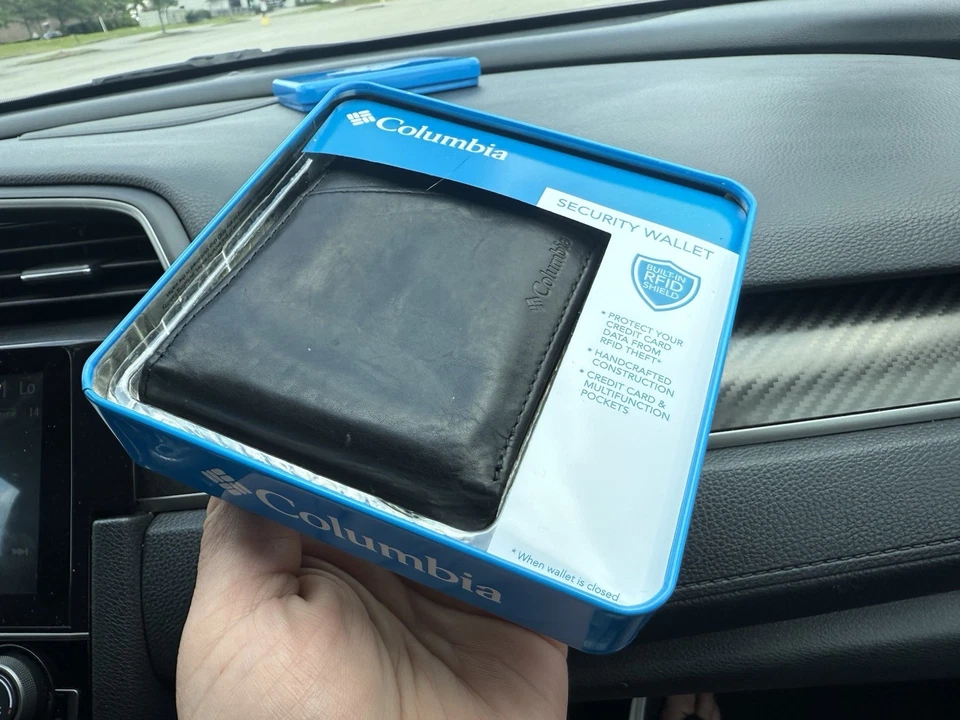 NUEVA Cartera Columbia Extra Capacidad Delgada Cuero Genuino Negra Doble Plegable Regalo Foto 4 de 4