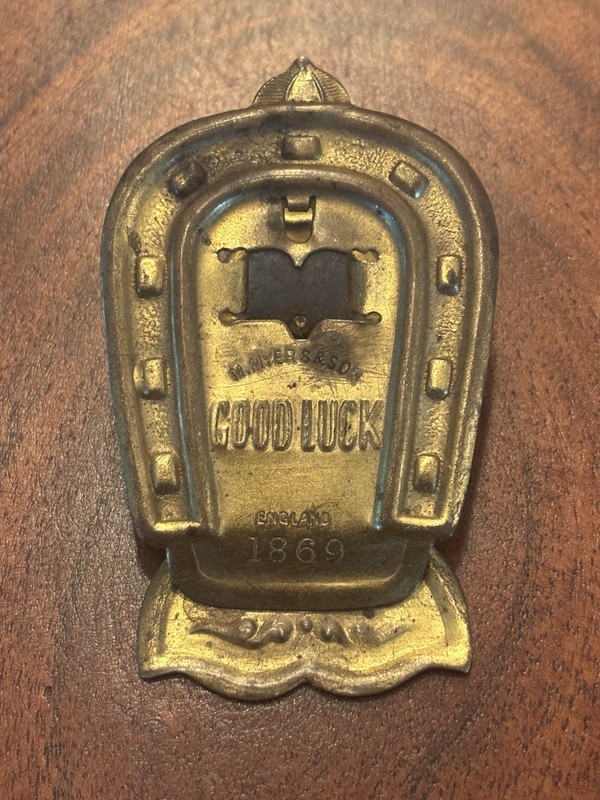 Rare “Good Luck" Brass Horse Shoe Memo Clip Marked England 1869 M. Myers & Son