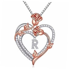 Rose Heart Necklaces Gifts for Women, 925 Sterling Silver Rose Heart Initial