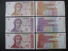 CROATIA  1 + 5 + 10 Dinara 1991  (P16a + P17a + P18a)  UNC