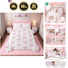 Pink Bow Bedding Set Twin Girls Comforter Pillowcase Modern Bowknot Decor