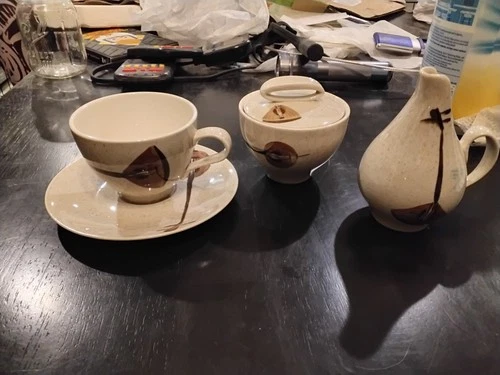 Red Wing Stoneware Pottery Flute Song Coffee Cup, Saucer, Sugar Bowl And Creamer