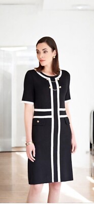 MING WANG Classic Dress Black White Contrast Trim Gold Hardware Chain LARGE EUC