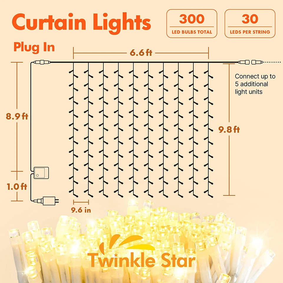 Twinkle Star 300 LED Window Curtain String Lights Wedding Party Home Garden - Image 3 of 4