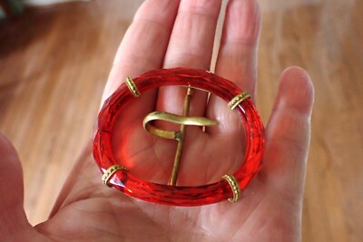 Art Deco Vintage Czech Belt Buckle Orange Red Faceted Glass  display picture 1