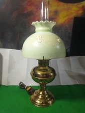 Vintage Brass Oil Lamp (Electrified) Hand Painted Light Green Shade