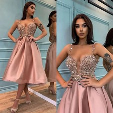 Pink Prom Dresses Straps V Neck Sequins Tail Pleats Tea Length Formal ShortDress