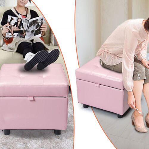 Pink Tufted Leather Square Flip Top Storage Ottoman Cube Foot Rest with Storage - Picture 8 of 9