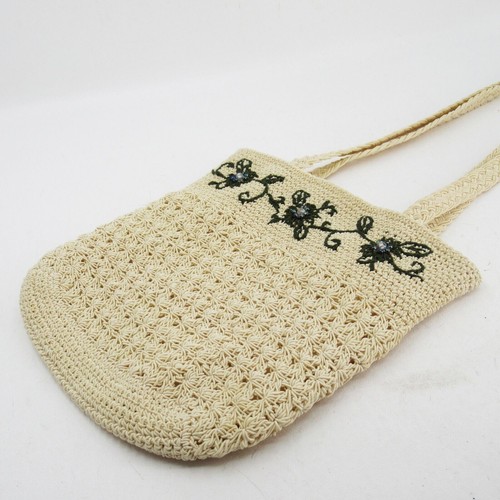 Cream Crochet Handbag Women Floral Detail Lined Double Shoulder Straps Purse Bag - Picture 3 of 13