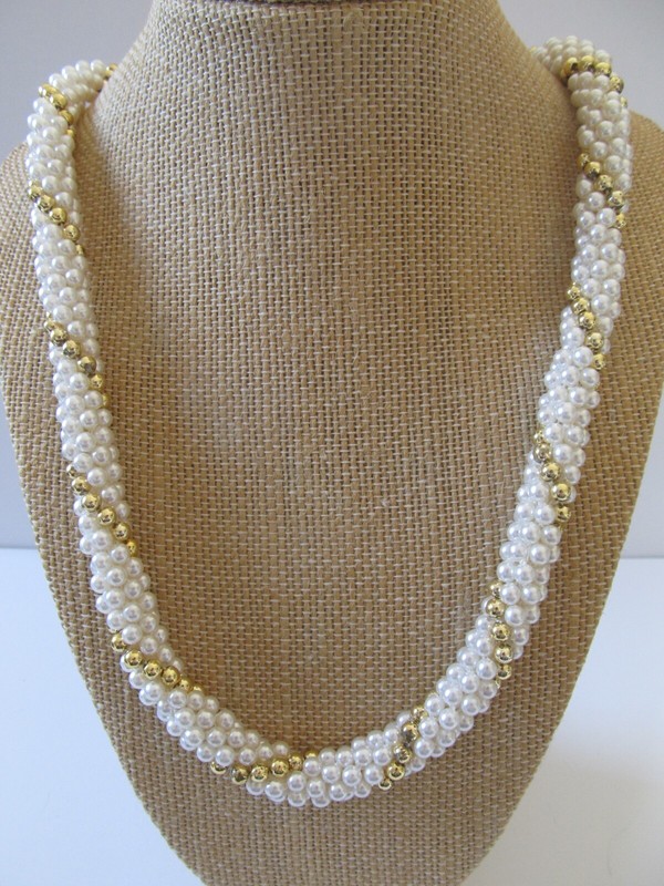 Vintage Twisted Faux Pearl and Gold Bead Necklace