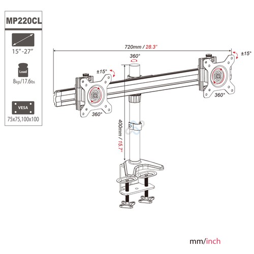2 Fach Monitor Halterung Alu Halter Stand Arm von 15-27 Zoll (MP220C-L) - Bild 2 von 8