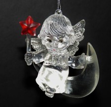 Clear Angel Ornament Sitting On Half Moon Star Hong Kong Vintage