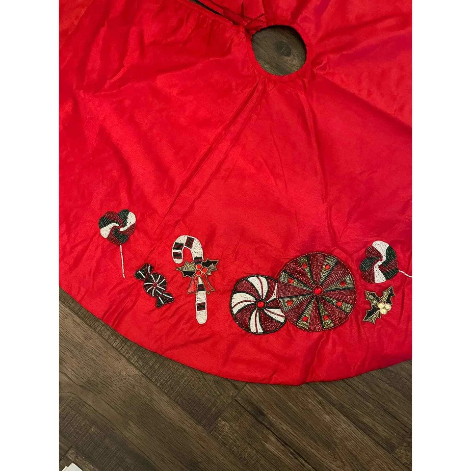 Vickerman Red Christmas Tree Skirt with Candy Cane, Lollipops, Beaded Decoration - Image 3 of 4