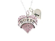 Custom Pink Crystal Nurse Silver Necklace Jewelry Choose Initial RN LPN Gift