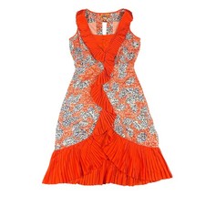 Tory Burch Janetta Silk Ruffle Pleated Dress Orange Navy Botanical Print Size 2