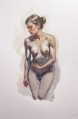 Original Watercolor Painting Nude Female  Portrait Book Page  (5.5 × 8.5 inches)