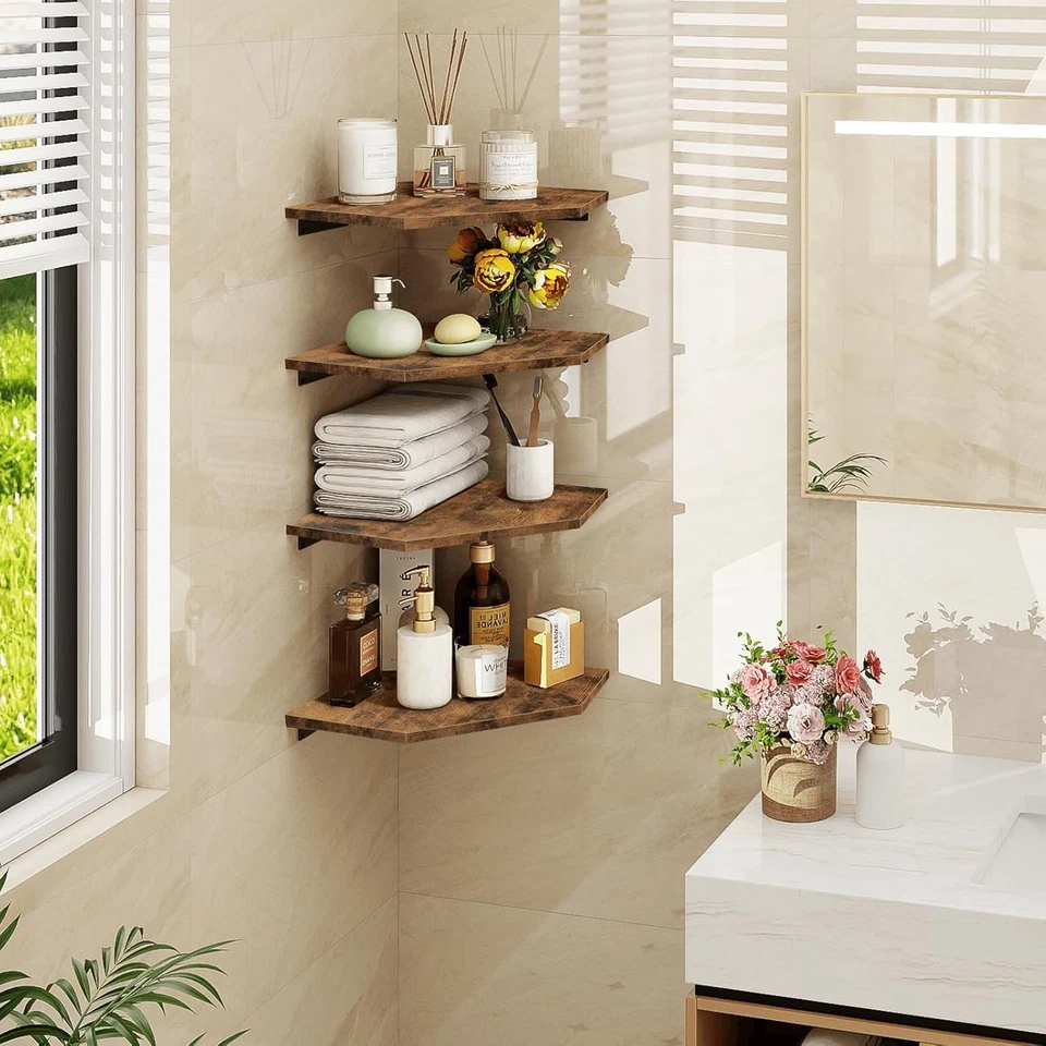 Estante Esquinero Montaje en Pared, Juego de 4 Estantes Esquineros Flotantes con Agujero de Cable para Caja Foto 2 de 4