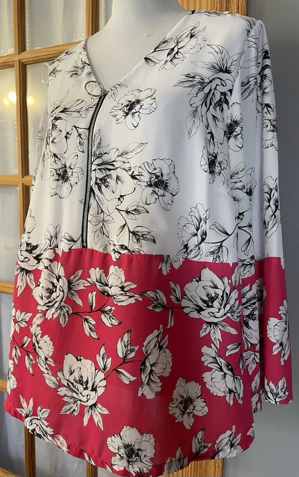 Blusa Floral Alfani Mujer 1X Blanco Rosa Gasa Cremallera Cottagecore Boho Carrera Foto 2 de 4