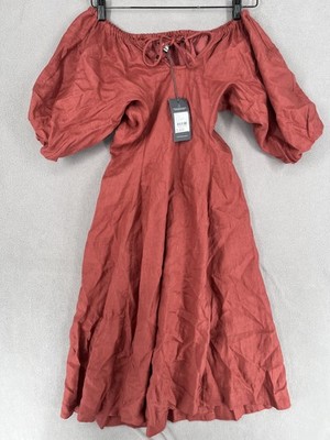 Country Road Dress Womens 6 Red NWT Linen Midi Puff Off Shoulder Keyhole