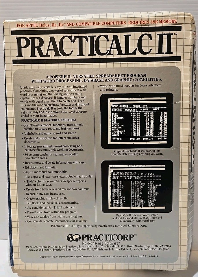 Vintage PRACTICALC II Practicorp Spreadsheet - Apple II+, IIe, IIc | eBay
